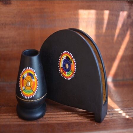 Wooden toothpick holder beaded with matching serviette holder set