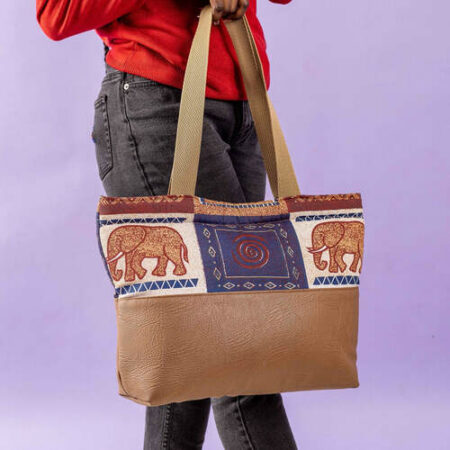 Authentic Leather Afri Tote Bag with Ankara Strip